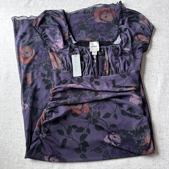 NWT Anthropologie Maeve Square Neck Ruched Mesh Dress Petite XS Purple Floral - Picture 3 of 10